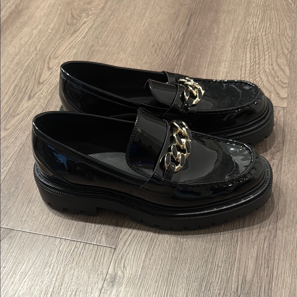 Aldo Black Loafers with Gold Chain Detail